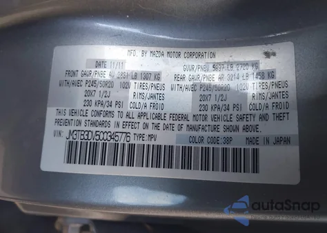 2012 Mazda Cx-9 Grand Touring z USA, uszkodzony, nr VIN JM3TB3DV5C0345776